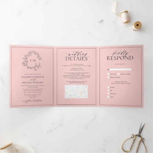 Blush Pink Navy Blue Leafy Crest Monogram Weddensc Drieluik Uitnodiging (Binnen)