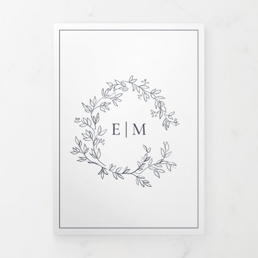 Blush Pink Navy Blue Leafy Crest Monogram Weddensc Drieluik Uitnodiging (Cover)