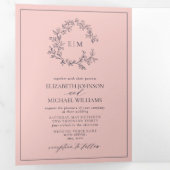 Blush Pink Navy Blue Leafy Crest Monogram Weddensc Drieluik Uitnodiging (Binnenzijde eerst)