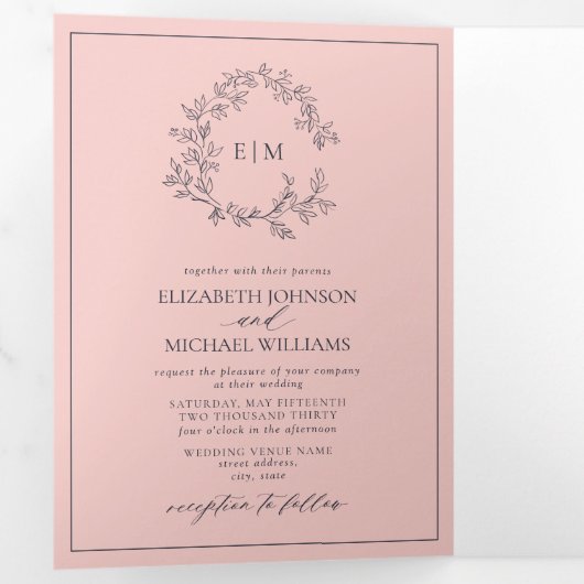Blush Pink Navy Blue Leafy Crest Monogram Weddensc Drieluik Uitnodiging (Binnenzijde eerst)