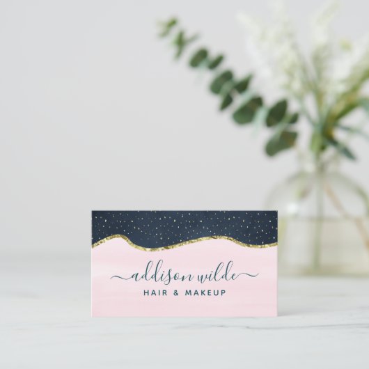 Blush Pink Navy Blue Modern Gold Speckle Abstract Visitekaartje (Staand voorkant)