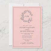 Blush Pink Navy Blue Monogram Foto Weduwschap Kaart (Voorkant)