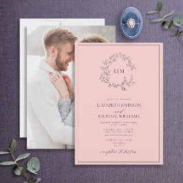 Blush Pink Navy Blue Monogram Foto Weduwschap Kaart