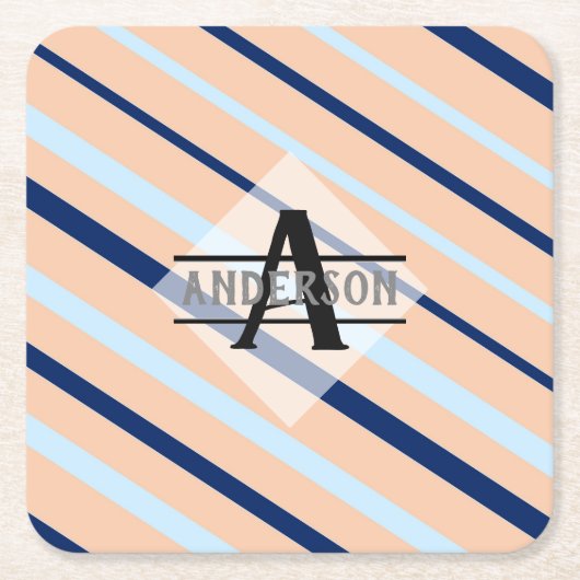Blush Pink Navy Blue Monogram Kartonnen Onderzetters (Voorkant)