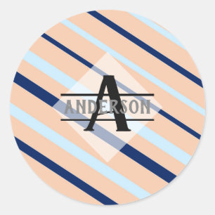 Blush Pink Navy Blue Monogram Ronde Sticker