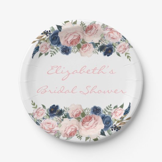 Blush Pink Navy Blue Peony Wedding Papieren Bordje (Voorkant)