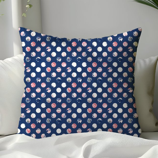Blush Pink Navy Blue Polka Dots Floral Waterverf Kussen (Creator heeft geüpload)