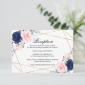 Blush Pink & Navy Blue Roos bruiloft receptie Informatiekaartje (Staand voorkant)