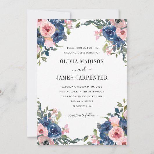 Blush Pink Navy Blue Waterverf Floral Wedding Kaart (Voorkant)