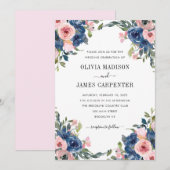 Blush Pink Navy Blue Waterverf Floral Wedding Kaart (Voorkant / Achterkant)