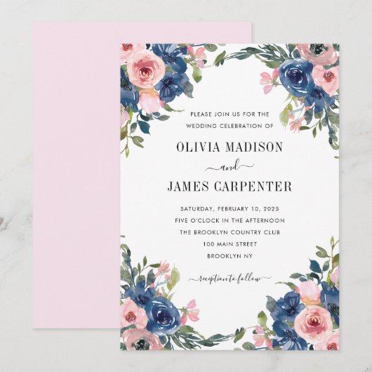 Blush Pink Navy Blue Waterverf Floral Wedding Kaart (Voorkant / Achterkant)