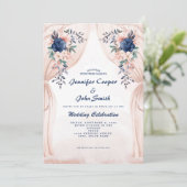 Blush Pink Navy Blue Waterverf Floral Wedding Kaart (Staand voorkant)
