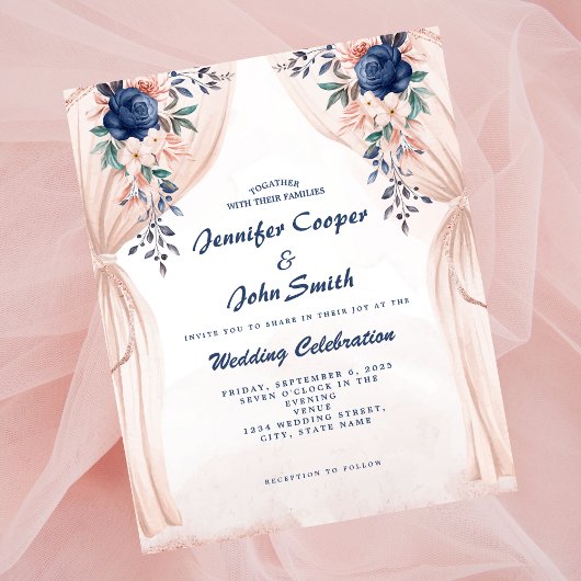Blush Pink Navy Blue Waterverf Floral Wedding Kaart