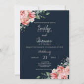 Blush Pink Navy Blue Waterverf Floral Wedding Kaart (Voorkant)