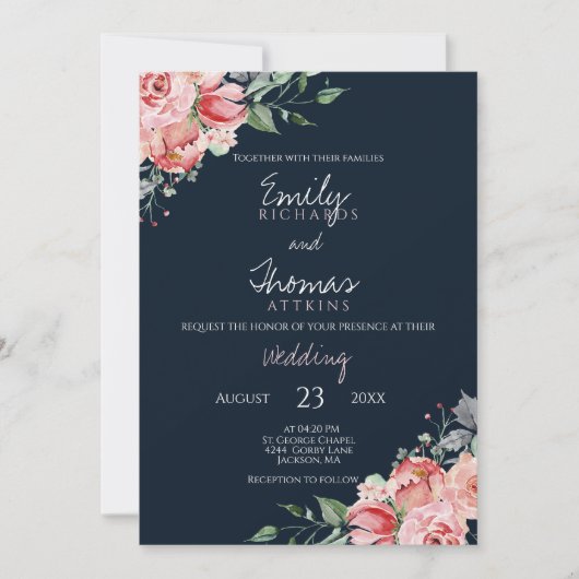 Blush Pink Navy Blue Waterverf Floral Wedding Kaart (Voorkant)
