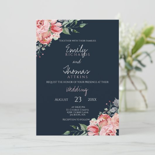 Blush Pink Navy Blue Waterverf Floral Wedding Kaart (Staand voorkant)