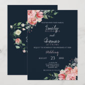 Blush Pink Navy Blue Waterverf Floral Wedding Kaart (Voorkant / Achterkant)