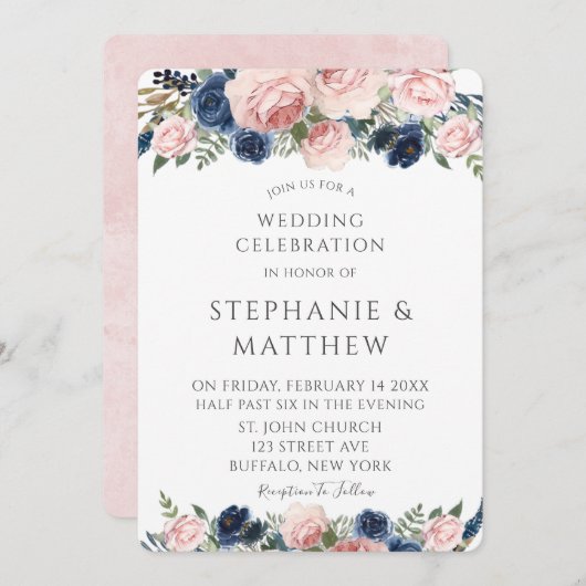 Blush Pink Navy Blue Waterverf Peony Wedding Kaart (Voorkant / Achterkant)