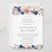 Blush Pink Navy Blue Waterverf Peony Wedding Kaart (Voorkant)