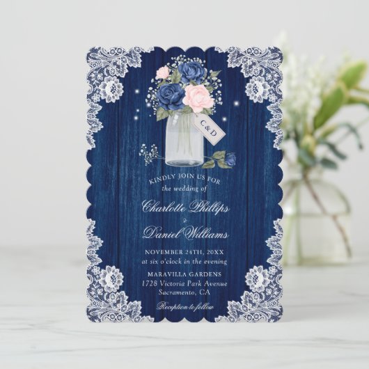 Blush Pink Navy Blue Wood Mason Jar Wedding Kaart (Staand voorkant)