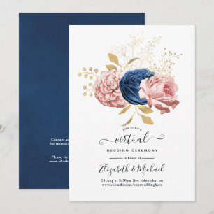 Blush Pink, Navy en Gold Floral Virtual Wedding Kaart