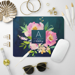BLUSH PINK & NAVY Floral Bouquet Monogram Muismat