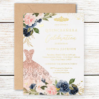 Blush Pink Navy Floral Dress Quinceanera