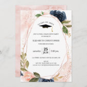 Blush Pink Navy Floral Geometric Lijst Afstuderen Kaart (Voorkant / Achterkant)