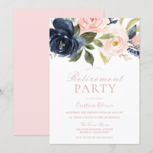 Blush Pink & Navy Floral  Retirement Party Kaart