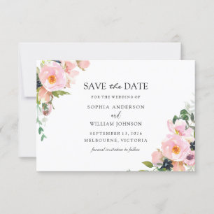 Blush Pink Navy Floral Waterverf Wedding Save The Date