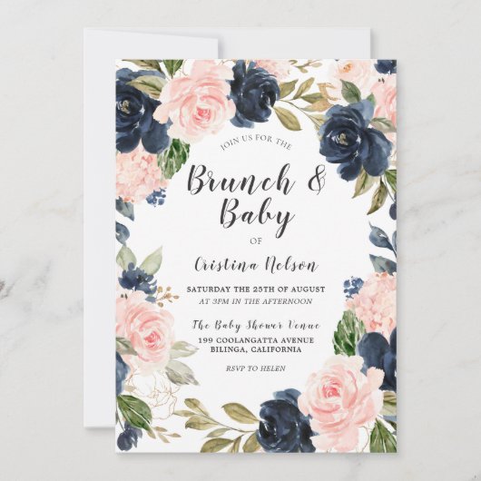 Blush Pink & Navy Floral Wreath Baby shower Brunch Kaart (Voorkant)