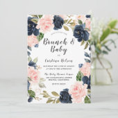 Blush Pink & Navy Floral Wreath Baby shower Brunch Kaart (Staand voorkant)