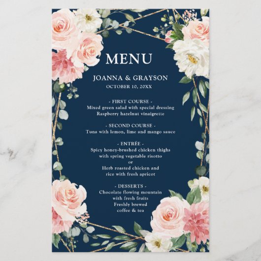 Blush Pink Navy Geometric Botanical WeddenMenu (Voorkant)