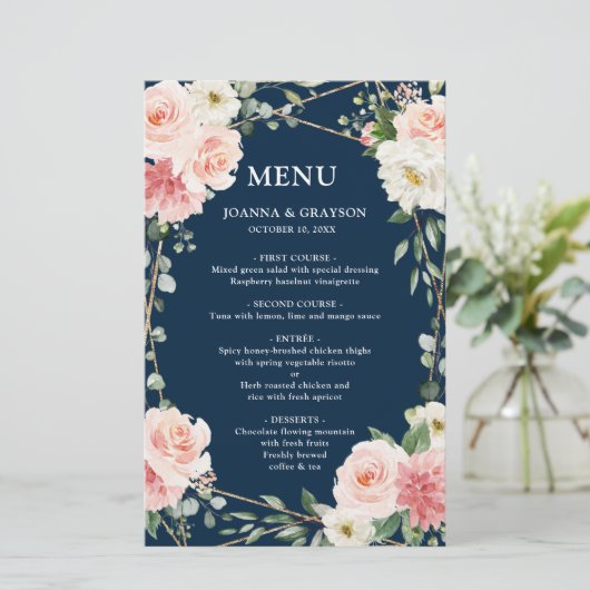 Blush Pink Navy Geometric Botanical WeddenMenu (Staand voorkant)