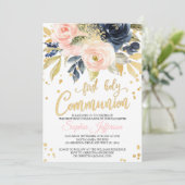 Blush Pink, Navy & Gold First Heilige Communie Kaart (Staand voorkant)