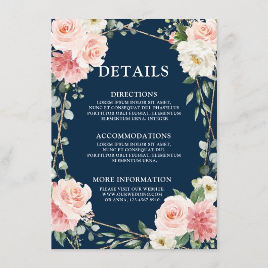 Blush Pink Navy Gold Geometric Botanical Weddensch Informatiekaartje (Voorkant)