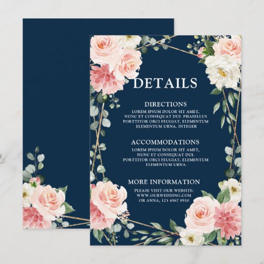 Blush Pink Navy Gold Geometric Botanical Weddensch Informatiekaartje (Voorkant / Achterkant)