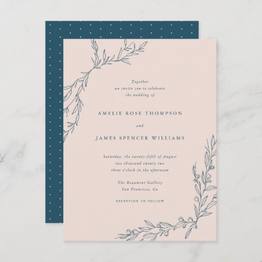 Blush Pink & Navy Hand-getrokken Branches Huwelijk Uitnodiging Briefkaart (Voorkant / Achterkant)