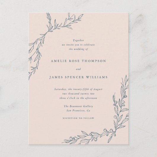 Blush Pink & Navy Hand-getrokken Branches Huwelijk Uitnodiging Briefkaart (Voorkant)