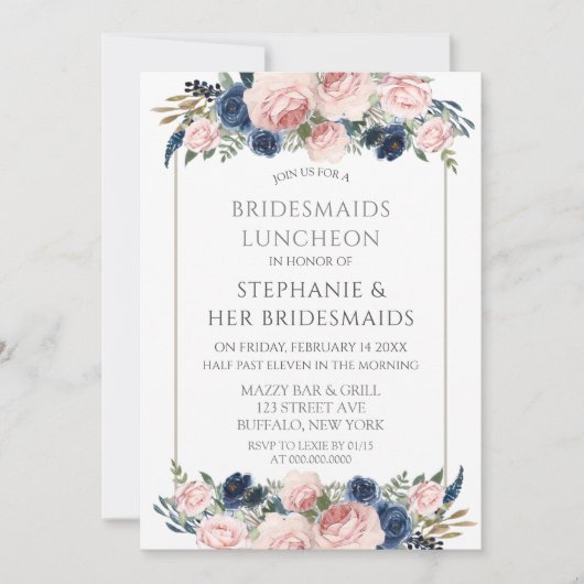 Blush Pink Navy Peony Bridesmaids Luncheon Kaart (Voorkant)