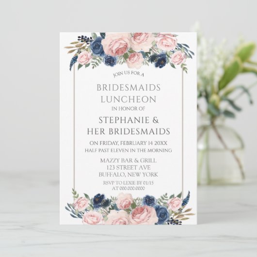Blush Pink Navy Peony Bridesmaids Luncheon Kaart (Staand voorkant)