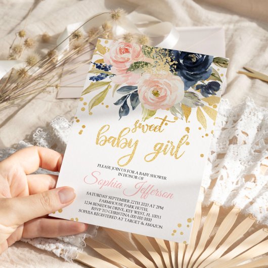 Blush Pink & Navy Sweet Baby shower Invitation Kaart