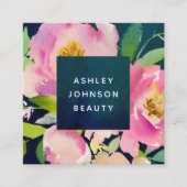BLUSH PINK & NAVY Waterverf Floral Bouquet Vierkante Visitekaartje (Voorkant)