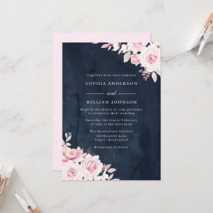 Blush Pink & Navy Waterverf Flowers Weddenschap Kaart