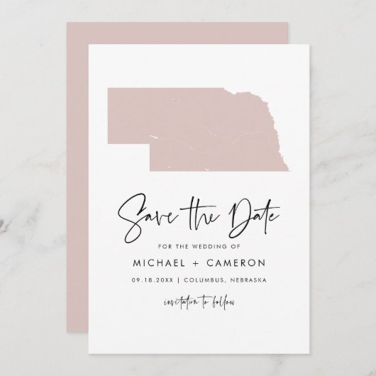 Blush Pink Nebraska Map minimalistisch script brui Save The Date (Voorkant / Achterkant)