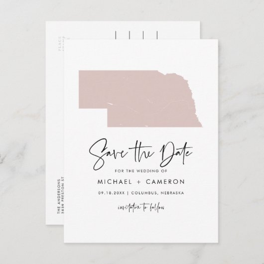 Blush Pink Nebraska Map Script Save the Date Aankondigingskaart (Voorkant / Achterkant)