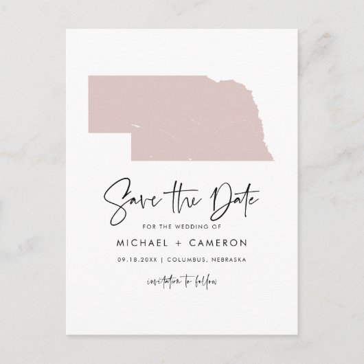 Blush Pink Nebraska Map Script Save the Date Aankondigingskaart (Voorkant)