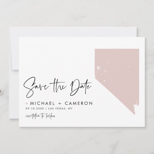 Blush Pink Nevada Map Modern Minimalist Script Save The Date (Voorkant)
