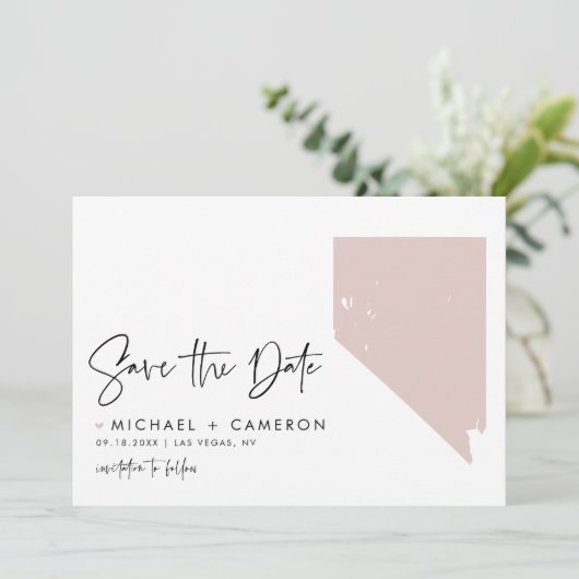 Blush Pink Nevada Map Modern Minimalist Script Save The Date (Staand voorkant)