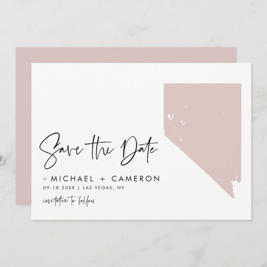 Blush Pink Nevada Map Modern Minimalist Script Save The Date (Voorkant / Achterkant)